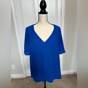 Blue Short Sleeve V Neck Blouse